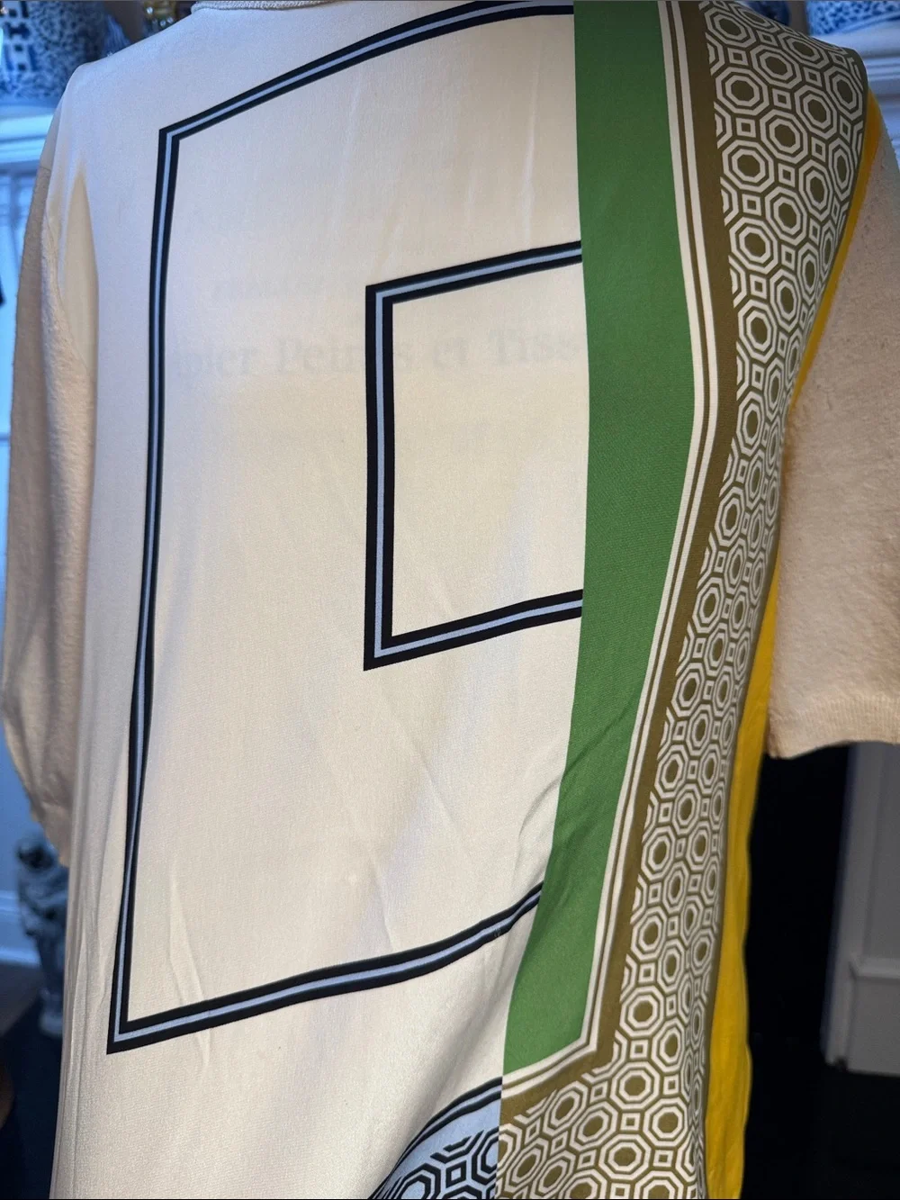 Tory Burch Geometric Print Short Sleeve Top in Cream, Green & Yellow Large